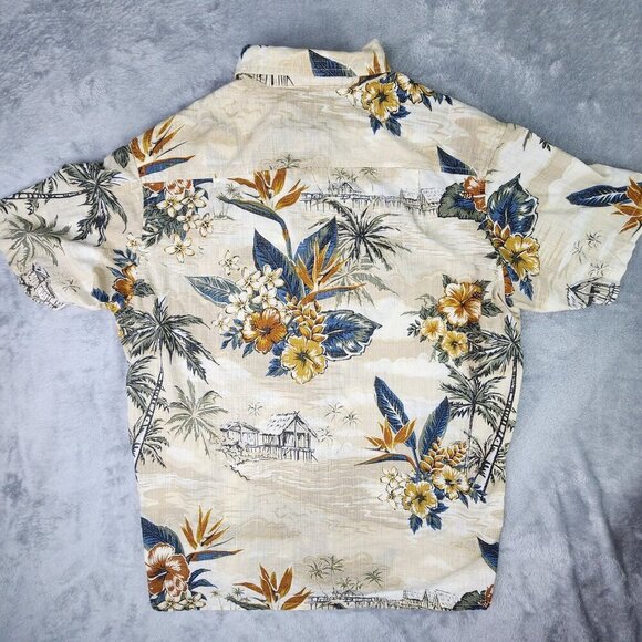 RedHead Hawaiian Shirt Mens L Tropical Floral Tan Blue Palm Trees Short Sleeve - Picture 5 of 9